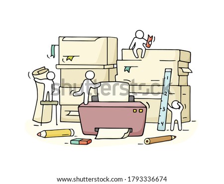 Cartoon paperwork concept - workplace with printer, people, stationery, papers. Hand drawn business concept.