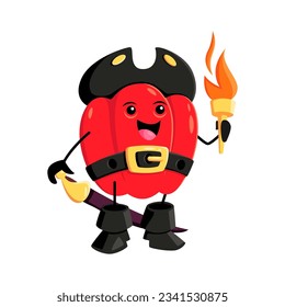 Cartoon paprika pirate and corsair vegetable character holding a torch, ready to explore mysterious caves and hidden treasures. Isolated vector red bell pepper veggies buccaneer captain personage