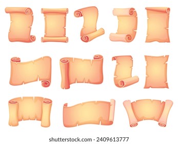 Cartoon papyrus set. Old scrolls, papers and parchments. Blank ancient manuscripts, letters or base for tresure maps. Documents on wood rod, nowaday vector clipart