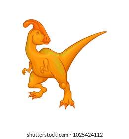 Cartoon parasaurolophus character. Fantastic creature with long tail, crest on head, short fore and long hind limbs. Flat vector element for video game