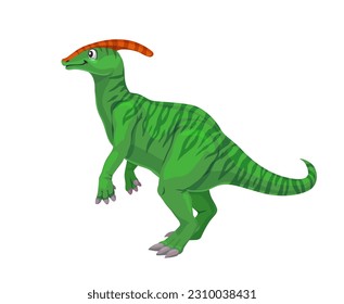 Caricatura Caricatura de Parasaurolophus dinosaur. Pintoresología extinta animal, lagarto prehistórico mascota infantil. Reptile de la era mesozoica o dinosaurio herbivoroso con cresta de cabeza aislado vector lindo personaje