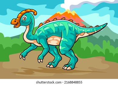 cartoon parasaurolophus mascot isolated on erupting mountain scenery background