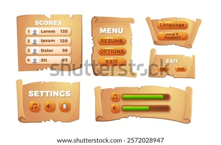 Cartoon parchment roll, blank scroll, vintage paper banner vector gui set. Game bar, menu interface and settings buttons on antique manuscript or papyrus isolated