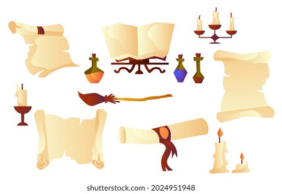 Cartoon parchment rolls. Manuscripts that can be used as banners or backdrop for text. Things in style of middle ages. Set of icons and documents. Vector illustration isolated on white background