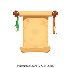 Desenhos animados pergaminho irlandês ícone de feriado do dia de São Patrício, ativo de jogo. Banner de papel velho em branco vetorial com fitas verdes e laranja. Moldura de papel de folclore vintage antigo com textura medieval antiga