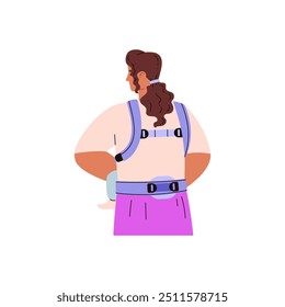 Cartoon parent woman standing with infant, toddler in ergo baby carrier. Young mother correct use baby wrap sling. Vector flat illustration infographic view from the back. Happy healthy motherhood