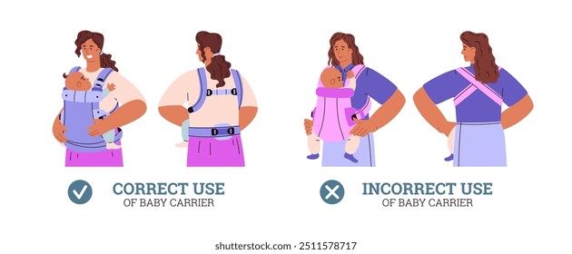 Cartoon parent woman standing with infant, toddler in ergo baby carrier. Young mother correct and incorrect use baby wrap sling. Vector flat infographics poster. Happy healthy motherhood