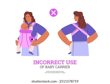 Cartoon parent woman standing with infant, toddler in pink ergo baby carrier. Young mother incorrect use baby wrap sling. Vector flat infographics poster front and back view. Happy healthy motherhood