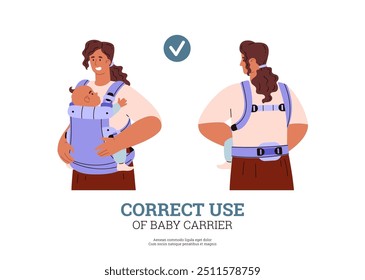 Cartoon parent woman standing with infant, toddler in blue ergo baby carrier. Young mother correct use baby wrap sling. Vector flat infographics poster front and back view. Happy healthy motherhood