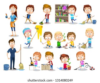 Cartoon Parents Children Cleaning Home Vector Stock Vector (Royalty ...