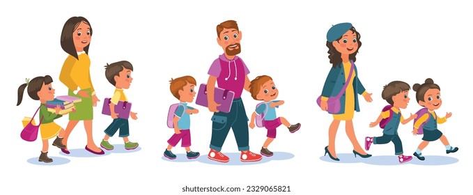 Cartoon parents with children walk. Adults accompany students. School year beginning. Kids with backpacks go to study. Babies accompaniment by mother and father. Splendid