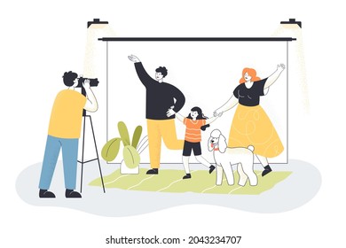 Cartoon parents, kid and dog posing for photo in studio. Photographer with professional camera flat vector illustration. Family, photography concept for banner, website design or landing web page