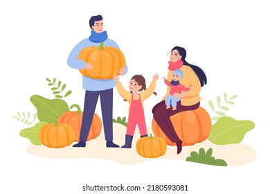 Cartoon parents with kids sitting on big pumpkins. Happy people, mother, father, boy and girl celebrating holidays in fall flat vector illustration. Family, Halloween, thanksgiving concept for banner