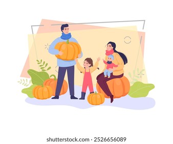 Cartoon parents with kids sitting on big pumpkins. Happy people, mother, father, boy and girl celebrating holidays in autumn vector illustration. Family, Halloween, thanksgiving concept for banner