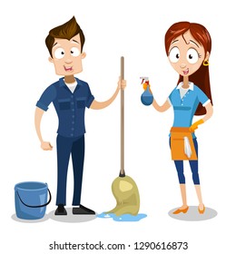 Cartoon parents ready for cleaning with enthusiasm. Smiling man and woman having essential stuff vector illustration. Cleaning and family concept. Isolated on white