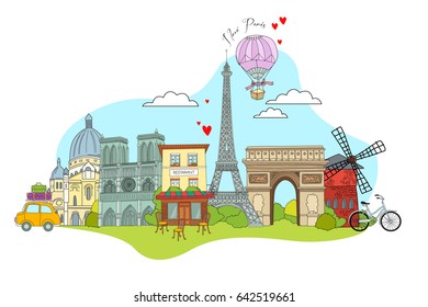 A cartoon Paris. Architecture paris. The Eiffel Tower, the triumphal arch. The Parisian landscape.