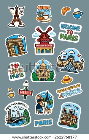 Cartoon Paris sticker pack featuring Eiffel Tower, croissants, landmarks, metro, and cafes.