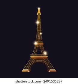 Cartoon Parisian Eiffel Tower with lights and sparkles isolated on white background.