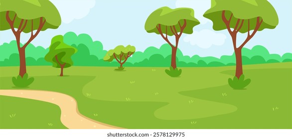Cartoon park landscape with trees and pathway. Vector illustration