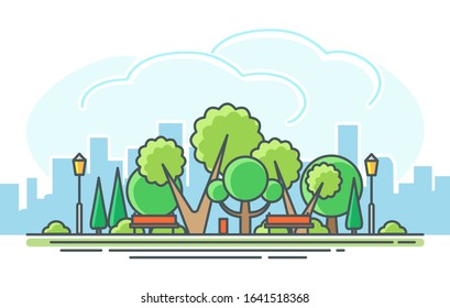 Cartoon park lawn. Green city recreation landscape with bench and trees linear isolated vector background