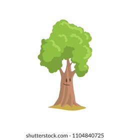 Cartoon park tree with smiling face expression. Forest plant. Natural landscape element. Flat vector illustration