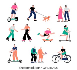 Cartoon park walking characters, walk with dog and ride bicycle. Happy couples, people outdoor rest. Old and young person vector set