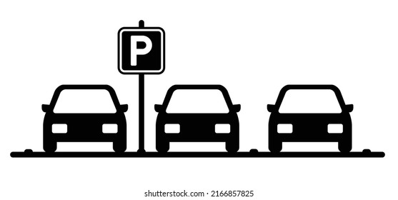 Cartoon parked cars in a parking zone. car or auto logo. Automobile or motorcar icon or pictogram. Flat vector traffic sign or symbol. Front view.
