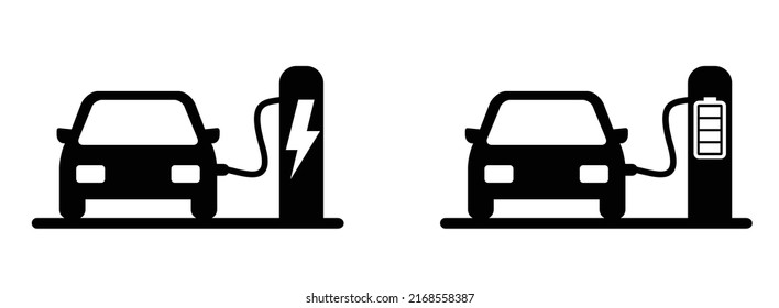 Cartoon Parked E Cars In A Parking Zone. Filling Pump Station. Electrical Cable Plugs For Auto Or Car. Electric Vehicle Plug Charging Station Point. Battery Cars Station Logo. 