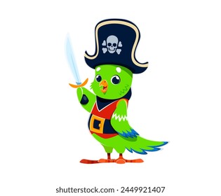 Cartoon parrot animal bird pirate sailor character. Isolated vector colorful, feathered, funny corsair personage with saber and cocked hat, ready for high-sea nautical adventures and witty banter