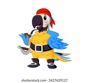 Cartoon parrot bird animal, pirate character. Isolated vector colorful, feathered, mischievous corsair personage with smoking pipe and saber, ready for high-sea nautical adventures and witty banter