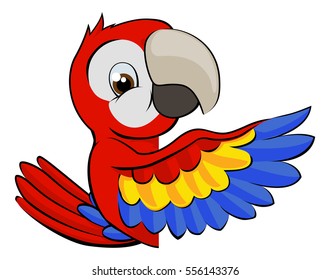 Cartoon parrot bird character mascot peeking around a sign and pointing with a wing 