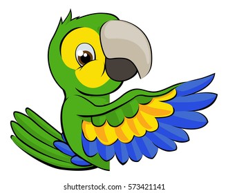 A cartoon parrot bird character mascot peeking around a sign and pointing with a wing 