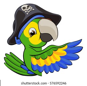 A Cartoon Parrot Bird Character Mascot In A Pirate Hat Peeking Around A Sign And Pointing With A Wing 