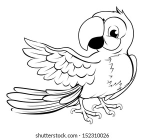 Cartoon parrot character in black outline pointing with its wing