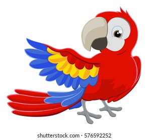 Cartoon parrot character pointing with its wing