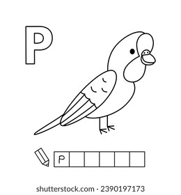 Cartoon parrot coloring pages. Learning game for small children - write a word in English language. Vector alphabet for kids
