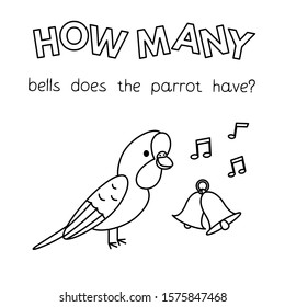 Cartoon parrot counting game. Vector coloring book pages for children education. How many bells does the parrot have