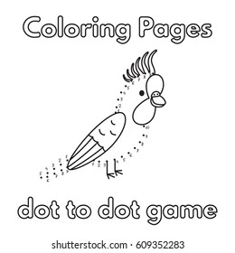 Cartoon parrot dot to dot game. Vector coloring book pages for children