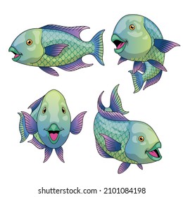 Cartoon Parrot fish in various poses