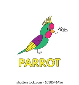 Cartoon parrot flashcard. Vector illustration for children education