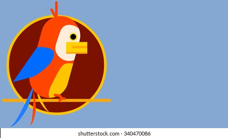 Cartoon parrot flat design character, bird animal icon, standing on a wooden perch. Blank background for custom message.