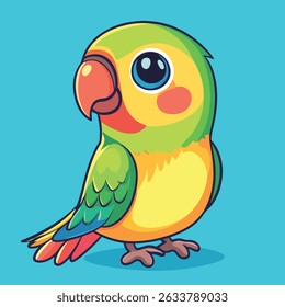 A cartoon parrot with a green head, yellow body, red cheek patches, and large, expressive eyes stands facing left.