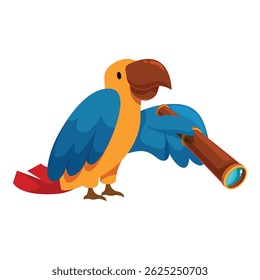Cartoon parrot holding telescope, observing distant lands, embodying curiosity and adventure