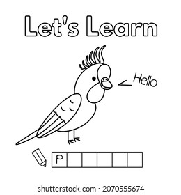 Cartoon parrot learning game for small children - color and write the word. Vector coloring book pages for kids