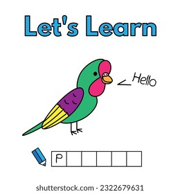 Cartoon parrot learning game for small children - write the word. Vector illustration for kids
