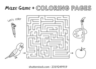 Juego de laberinto de loro de dibujos animados. Páginas de libros de coloración de vectores para niños