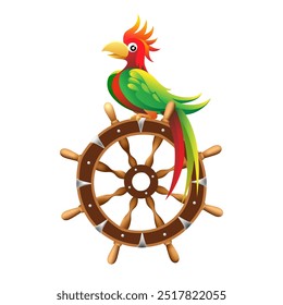 Papagaio de desenho animado em uma roda de navio. Ilustração isolada do vetor do emblema do pirata das crianças