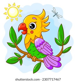 Cartoon parrot on a tree branch. Theme of the tropics, summer. For children's design of cards, stickers, prints, posters, puzzles and so on. Vector illustration .