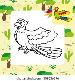 Cartoon parrot on a white background. Coloring book. Vector