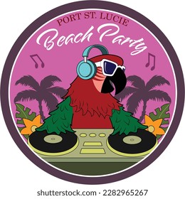 A cartoon parrot plays DJ at a beach party.